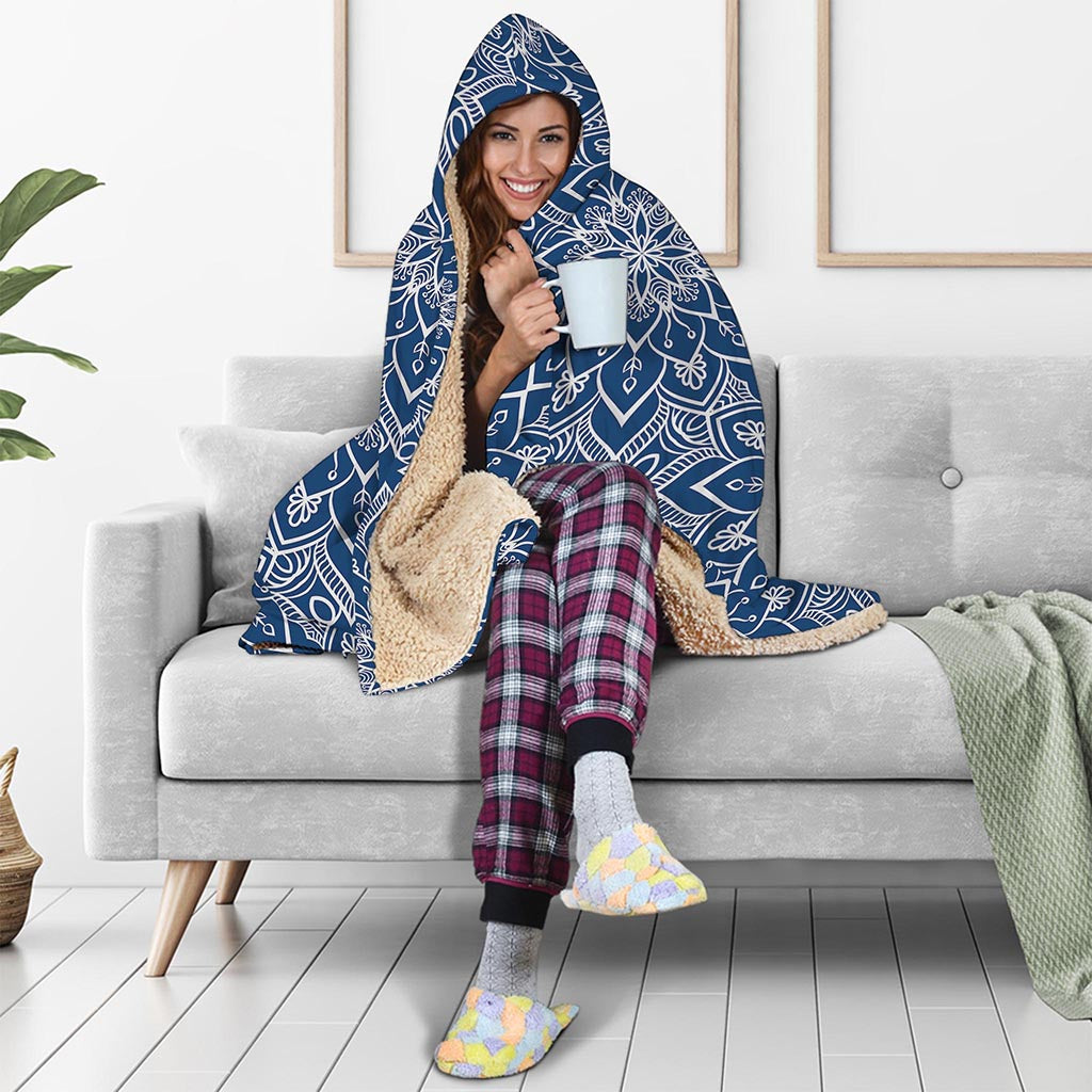 Blue And White Bohemian Mandala Print Hooded Blanket