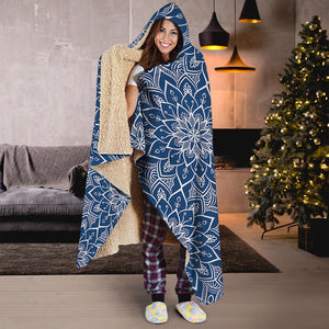 Blue And White Bohemian Mandala Print Hooded Blanket