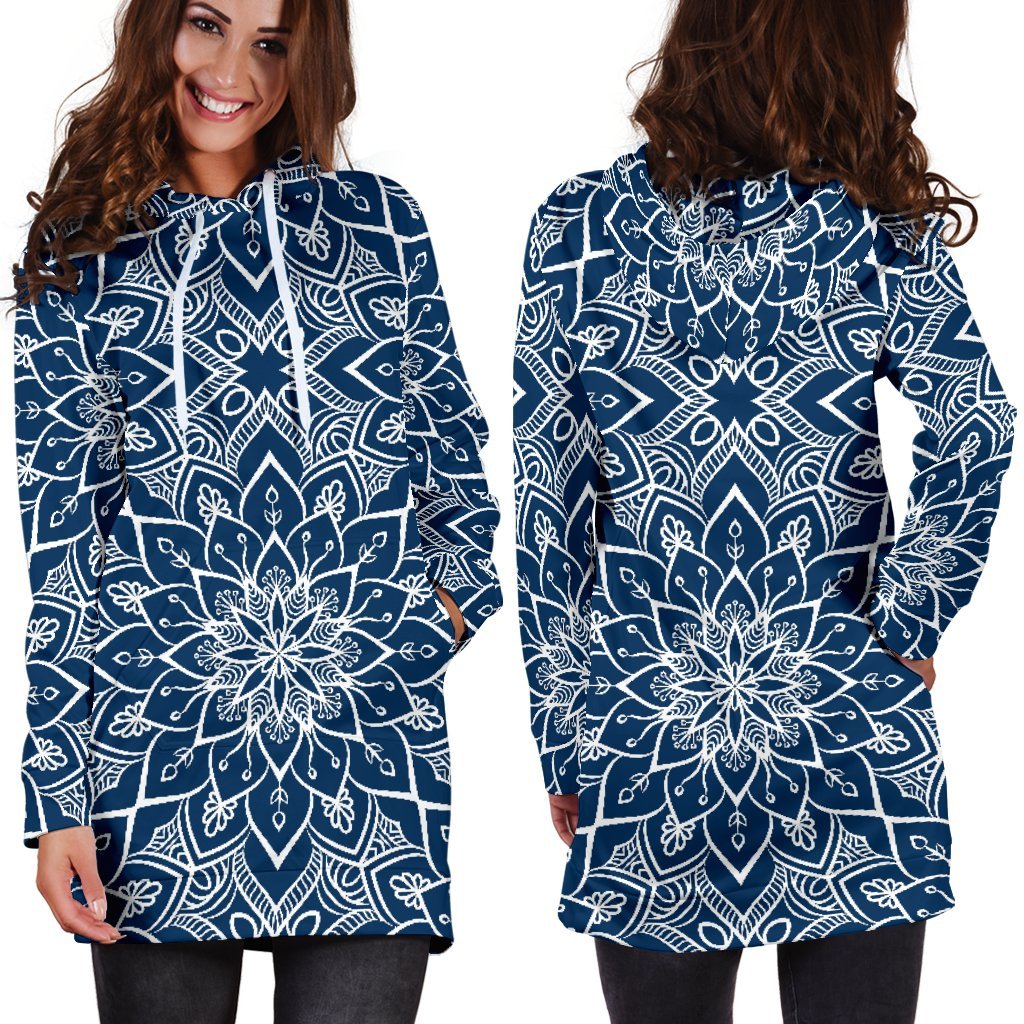 Blue And White Bohemian Mandala Print Hoodie Dress GearFrost