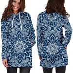 Blue And White Bohemian Mandala Print Hoodie Dress GearFrost