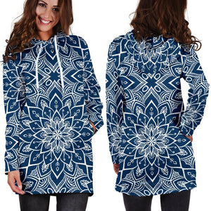 Blue And White Bohemian Mandala Print Hoodie Dress GearFrost