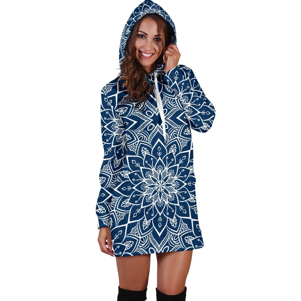 Blue And White Bohemian Mandala Print Hoodie Dress GearFrost