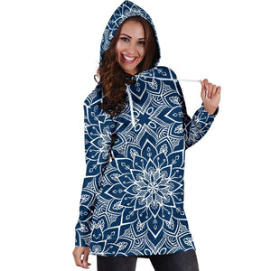 Blue And White Bohemian Mandala Print Hoodie Dress GearFrost