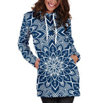 Blue And White Bohemian Mandala Print Hoodie Dress GearFrost