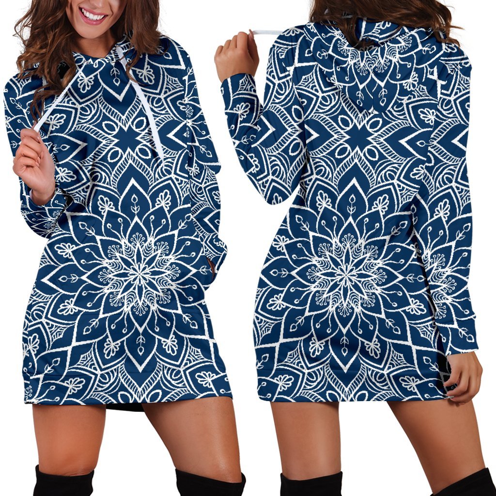 Blue And White Bohemian Mandala Print Hoodie Dress GearFrost