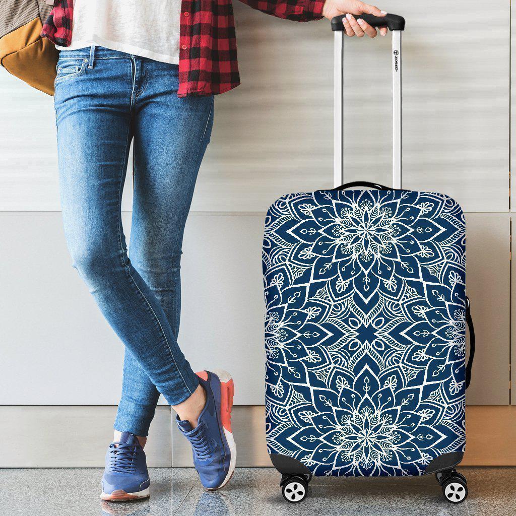 Blue And White Bohemian Mandala Print Luggage Cover GearFrost