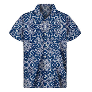 Blue And White Bohemian Mandala Print Men's Short Sleeve Shirt