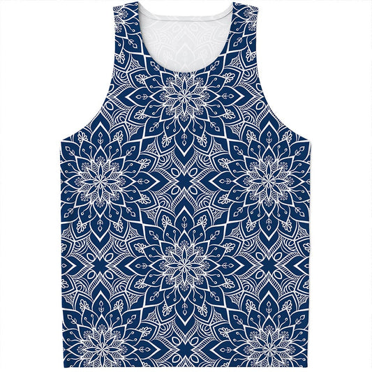Blue And White Bohemian Mandala Print Men's Tank Top