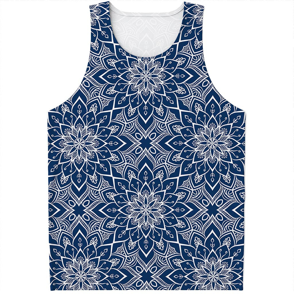 Blue And White Bohemian Mandala Print Men's Tank Top