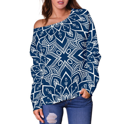 Blue And White Bohemian Mandala Print Off Shoulder Sweatshirt GearFrost