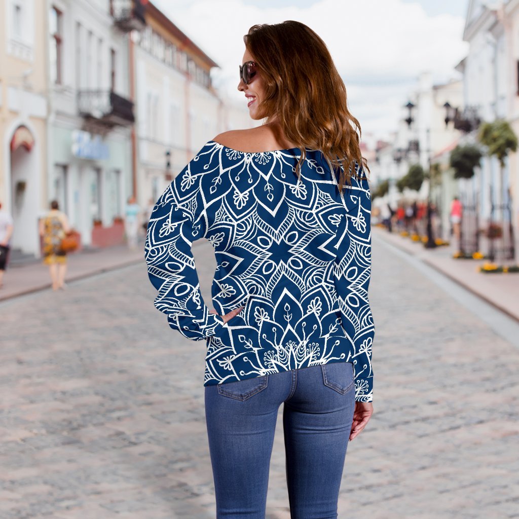 Blue And White Bohemian Mandala Print Off Shoulder Sweatshirt GearFrost