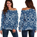 Blue And White Bohemian Mandala Print Off The Shoulder Sweatshirt