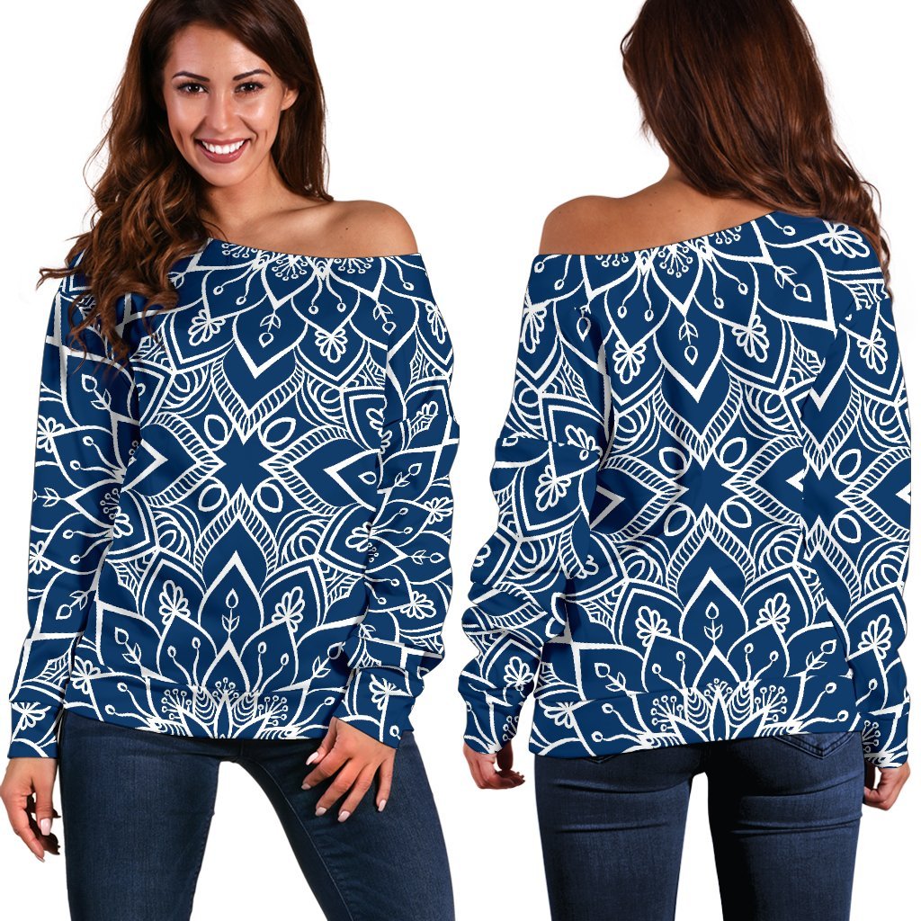Blue And White Bohemian Mandala Print Off Shoulder Sweatshirt GearFrost