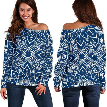 Blue And White Bohemian Mandala Print Off Shoulder Sweatshirt GearFrost