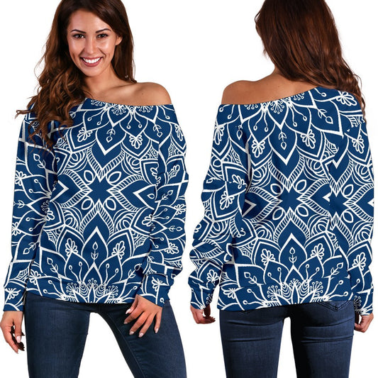 Blue And White Bohemian Mandala Print Off Shoulder Sweatshirt GearFrost