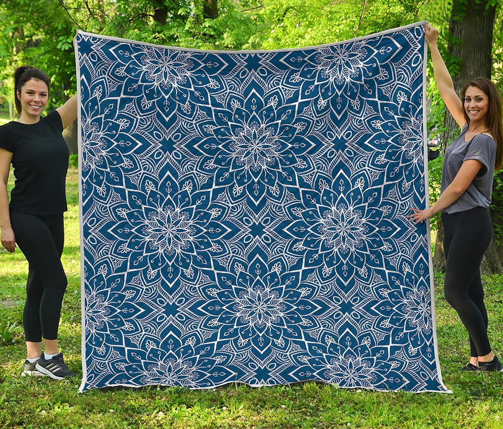 Blue And White Bohemian Mandala Print Quilt