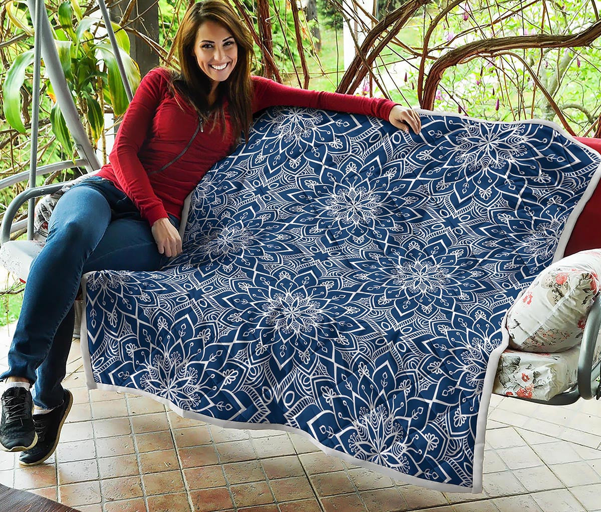 Blue And White Bohemian Mandala Print Quilt