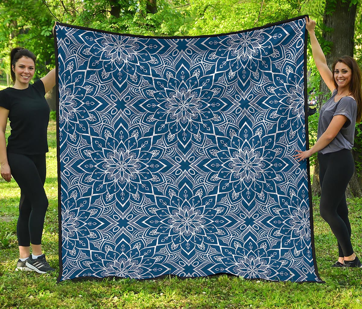 Blue And White Bohemian Mandala Print Quilt