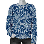 Blue And White Bohemian Mandala Print Women's Crewneck Sweatshirt GearFrost