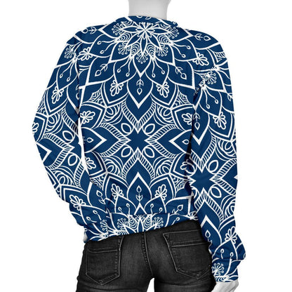 Blue And White Bohemian Mandala Print Women's Crewneck Sweatshirt GearFrost