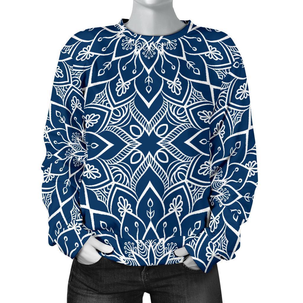Blue And White Bohemian Mandala Print Women's Crewneck Sweatshirt GearFrost