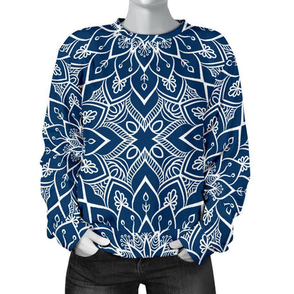 Blue And White Bohemian Mandala Print Women's Crewneck Sweatshirt GearFrost