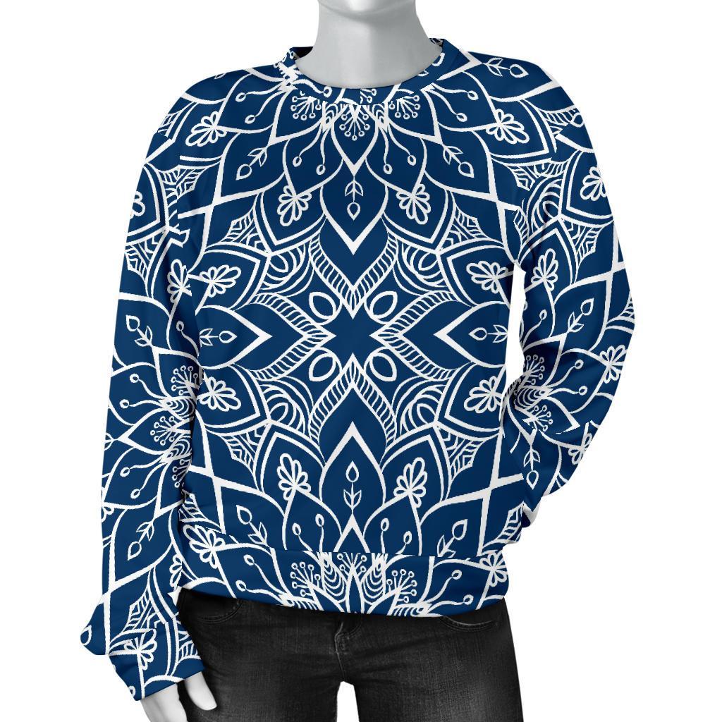 Blue And White Bohemian Mandala Print Women's Crewneck Sweatshirt GearFrost