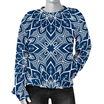 Blue And White Bohemian Mandala Print Women's Crewneck Sweatshirt GearFrost