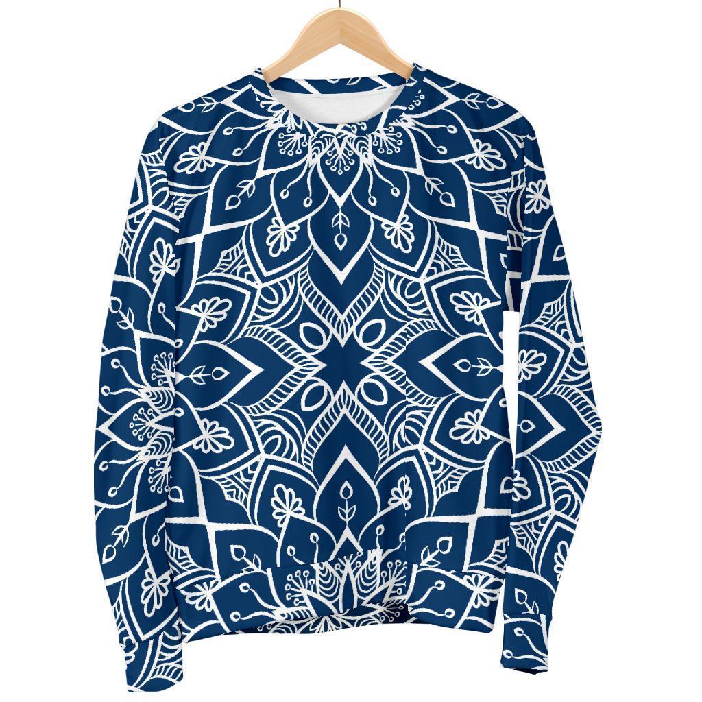 Blue And White Bohemian Mandala Print Women's Crewneck Sweatshirt GearFrost