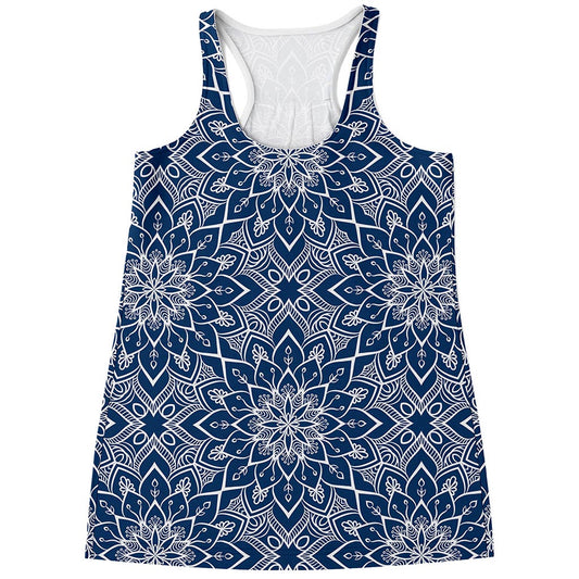 Blue And White Bohemian Mandala Print Women's Racerback Tank Top