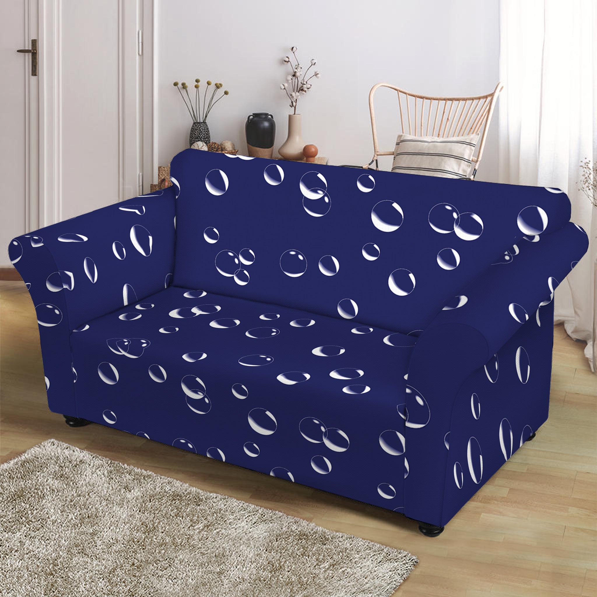 Blue And White Bubble Pattern Print Loveseat Slipcover