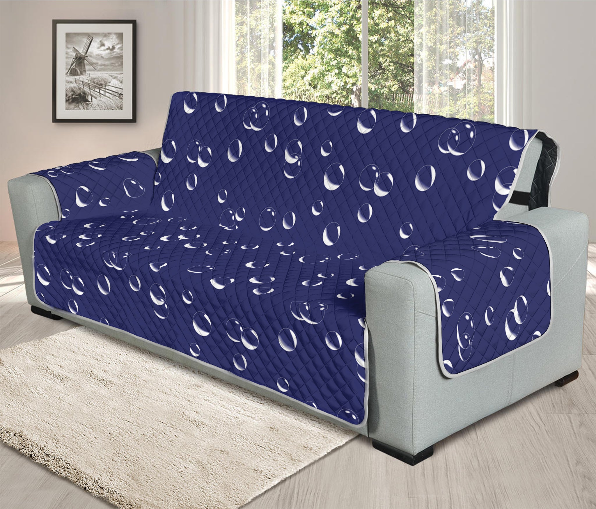 Blue And White Bubble Pattern Print Oversized Sofa Protector