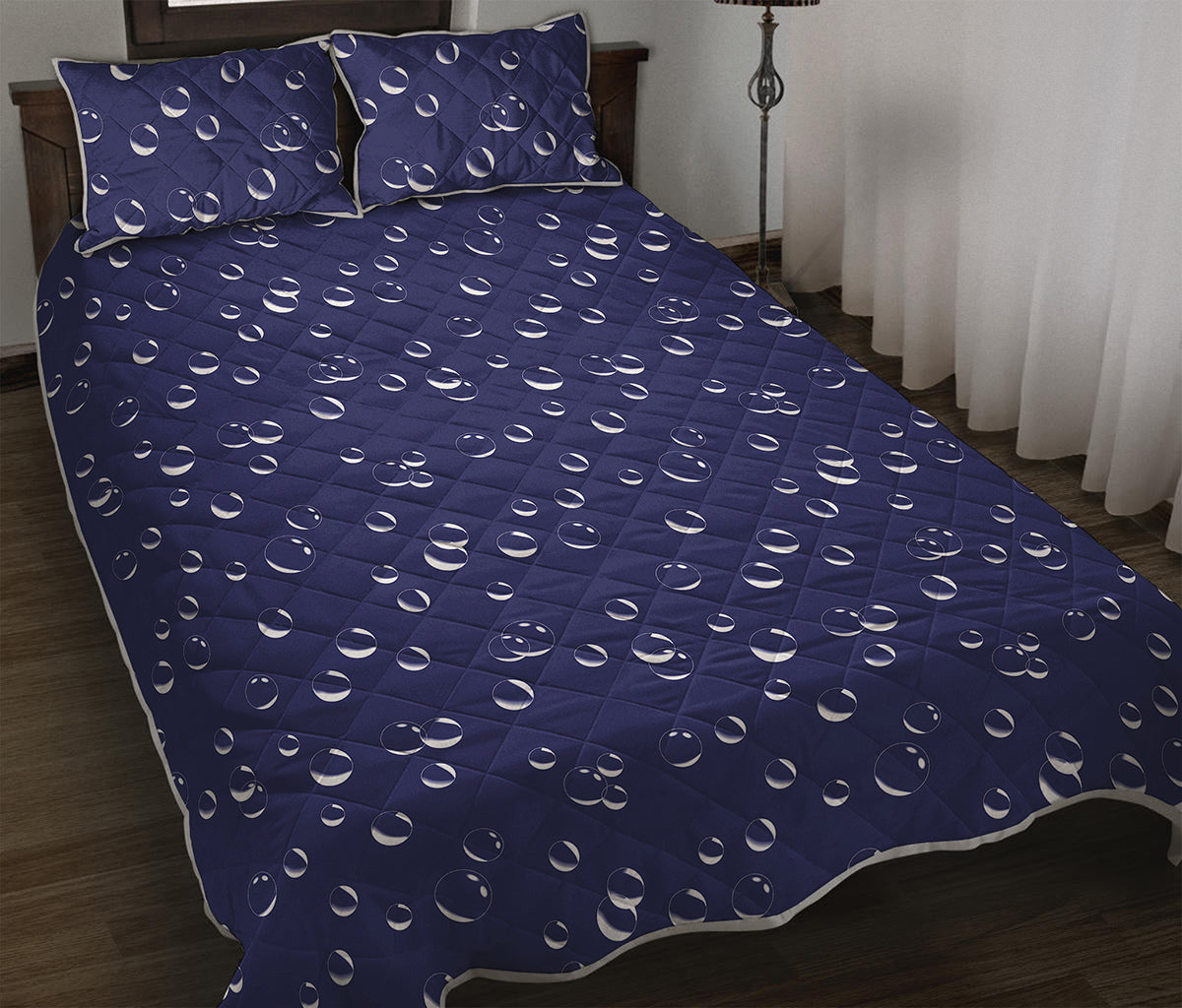 Blue And White Bubble Pattern Print Quilt Bed Set