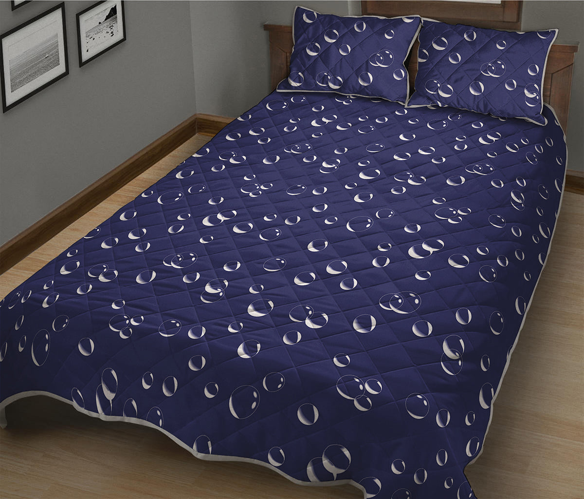 Blue And White Bubble Pattern Print Quilt Bed Set