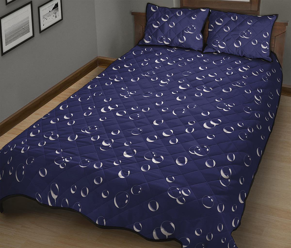 Blue And White Bubble Pattern Print Quilt Bed Set