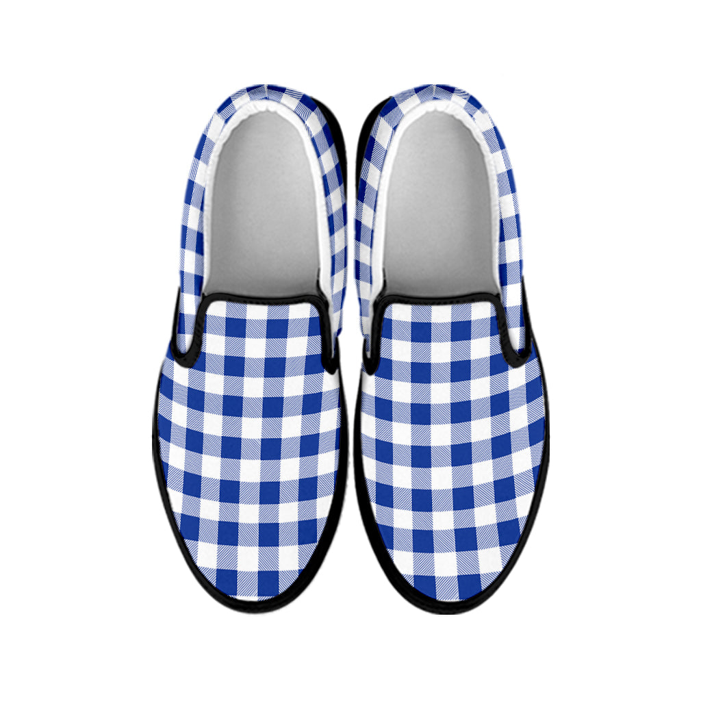 Blue And White Buffalo Check Print Black Slip On Shoes