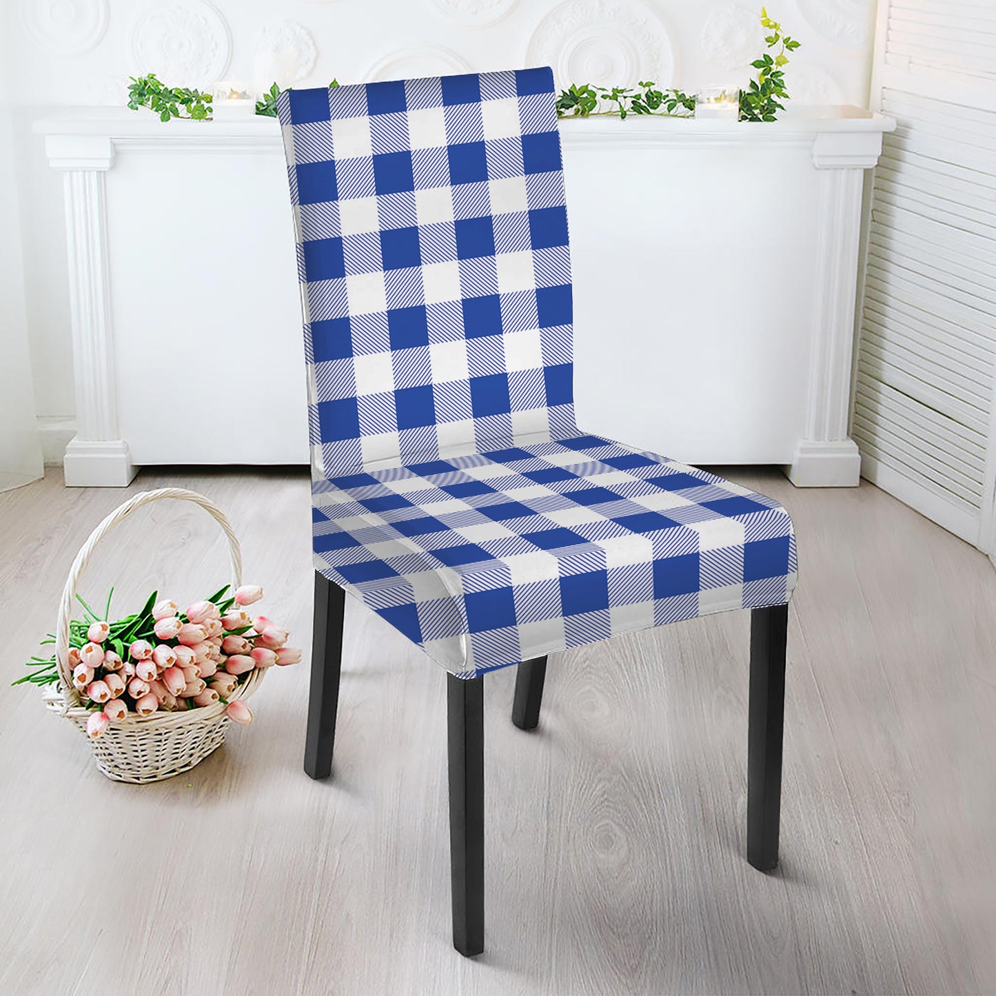 Blue And White Buffalo Check Print Dining Chair Slipcover
