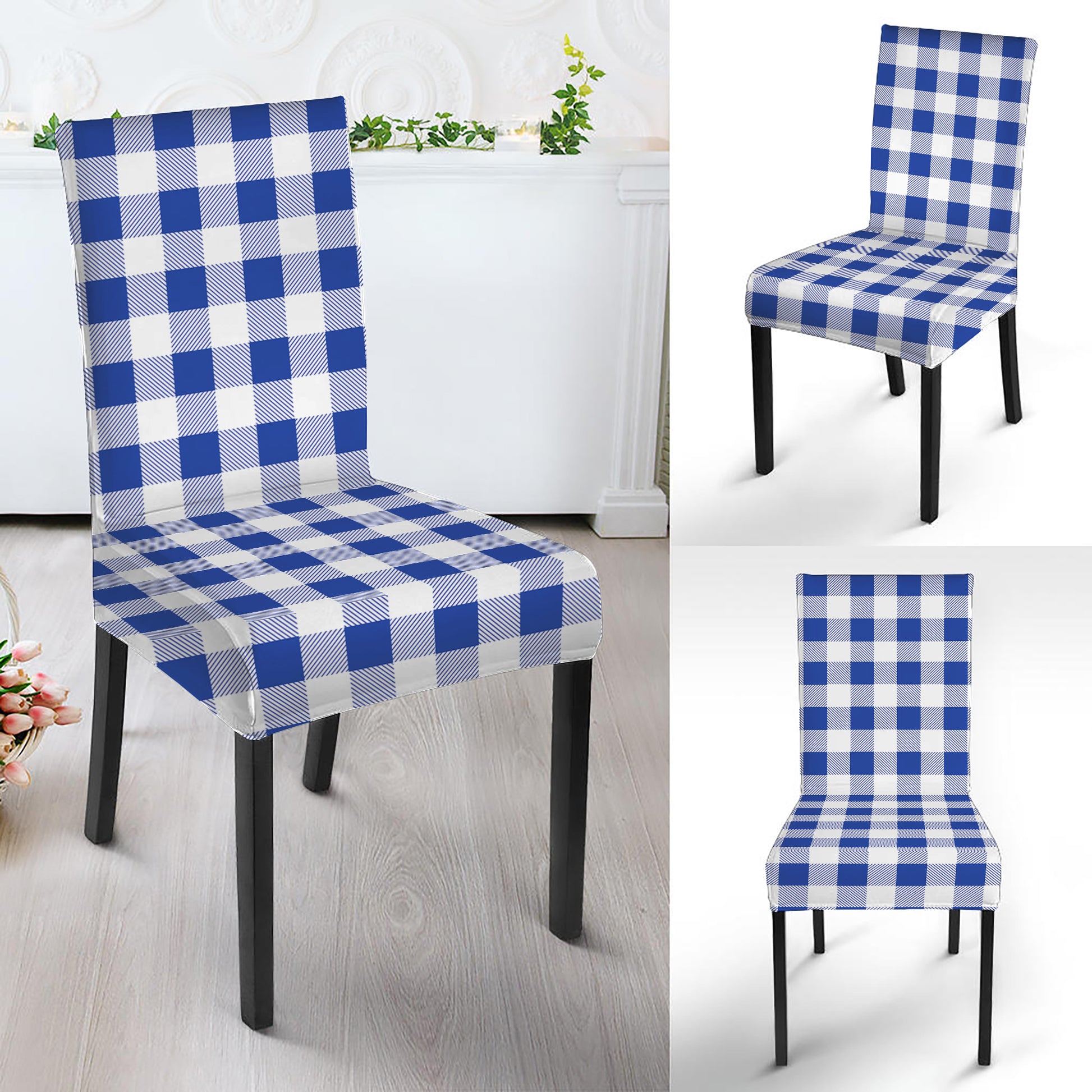 Blue And White Buffalo Check Print Dining Chair Slipcover