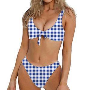 Blue And White Buffalo Check Print Front Bow Tie Bikini