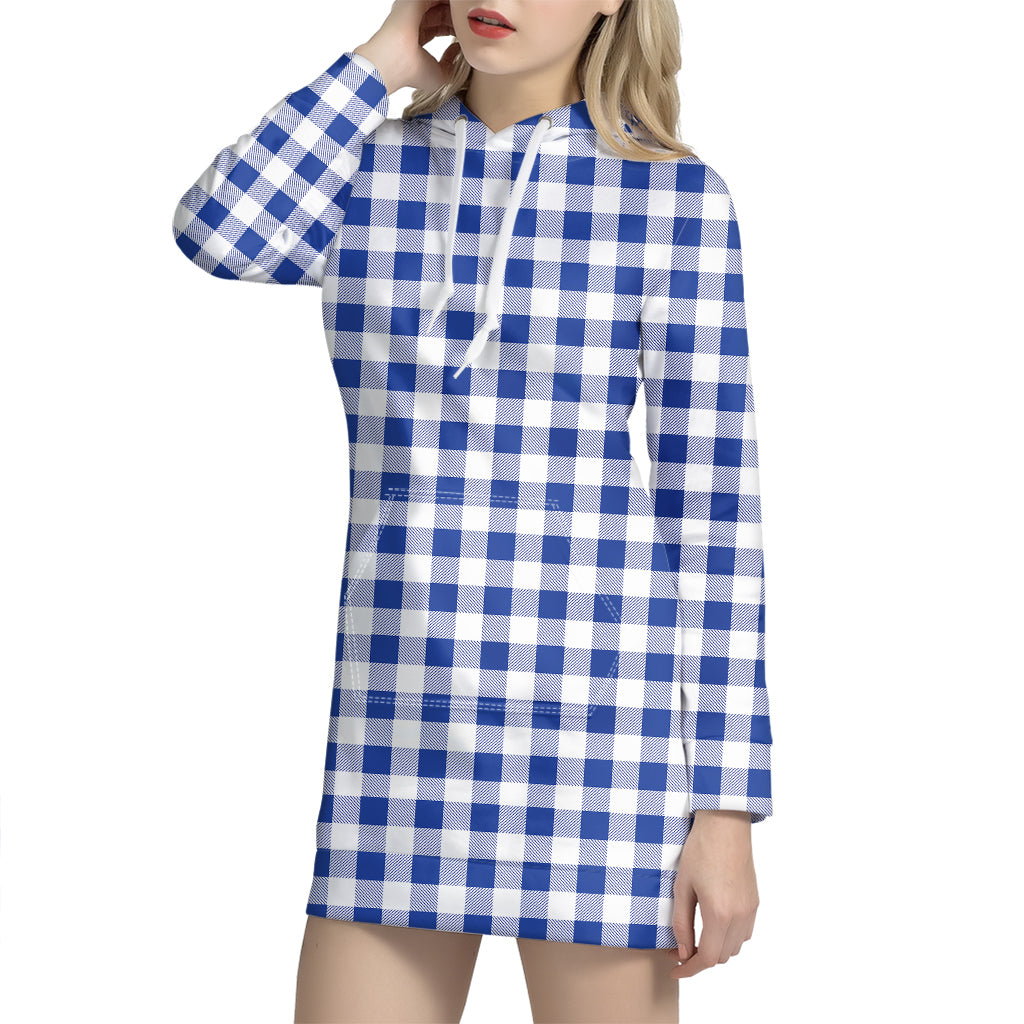 Blue And White Buffalo Check Print Hoodie Dress