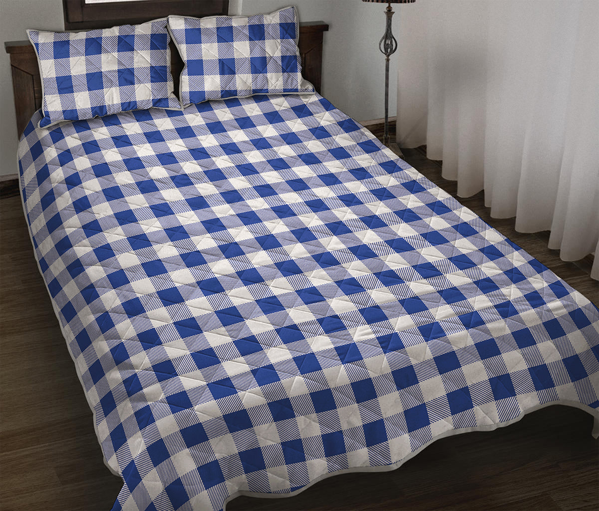 Blue And White Buffalo Check Print Quilt Bed Set