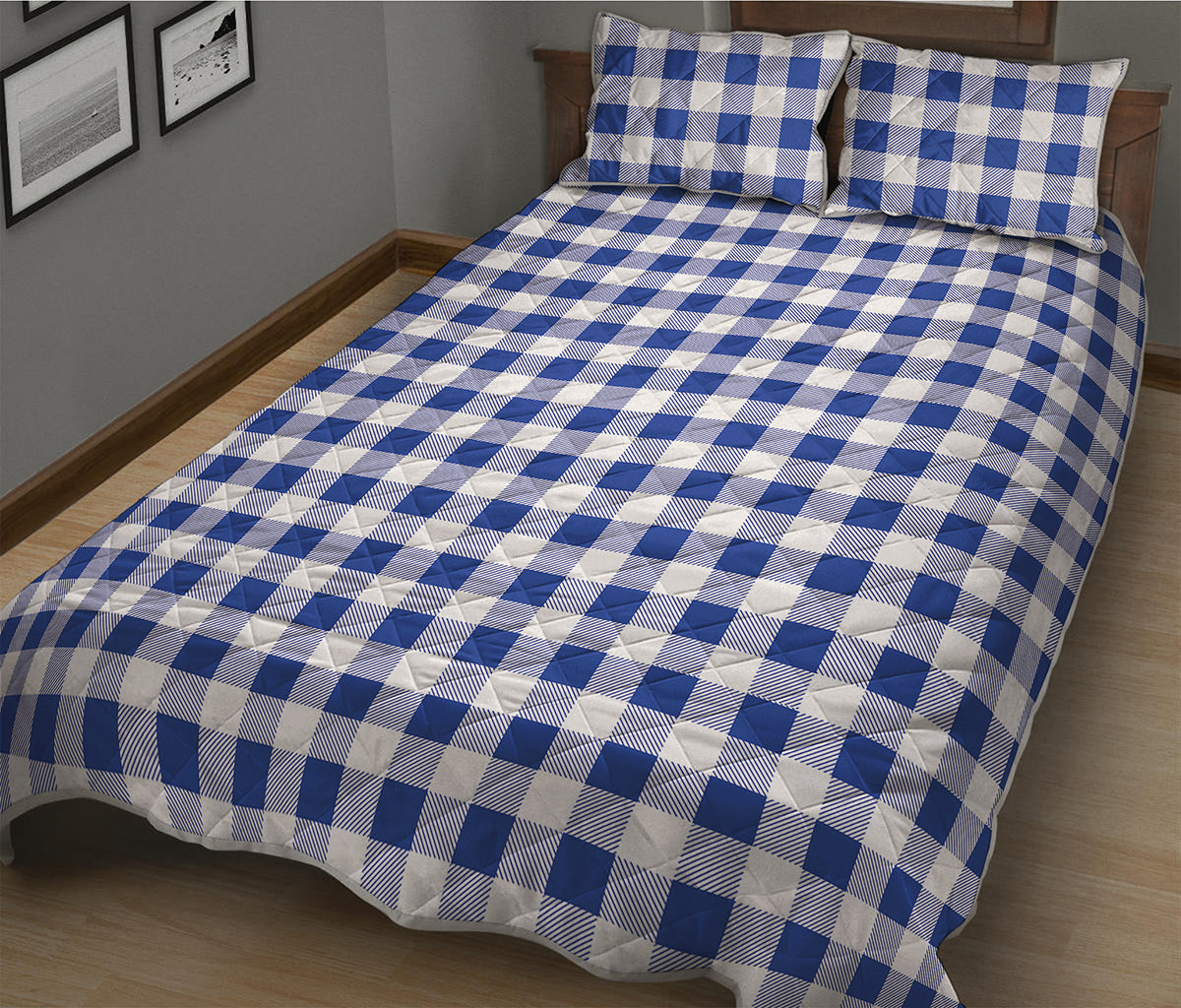 Blue And White Buffalo Check Print Quilt Bed Set