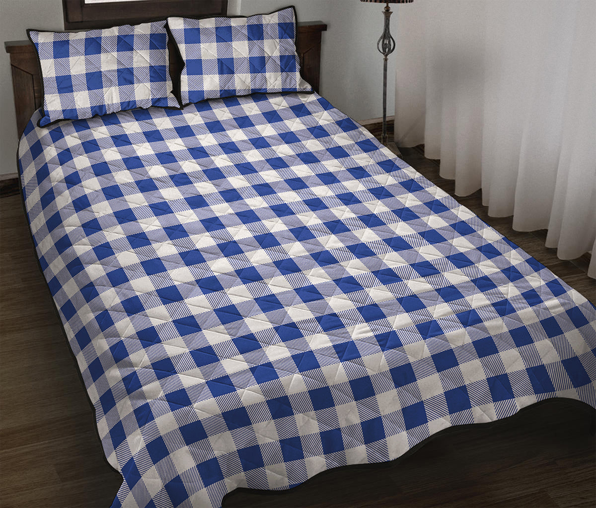 Blue And White Buffalo Check Print Quilt Bed Set