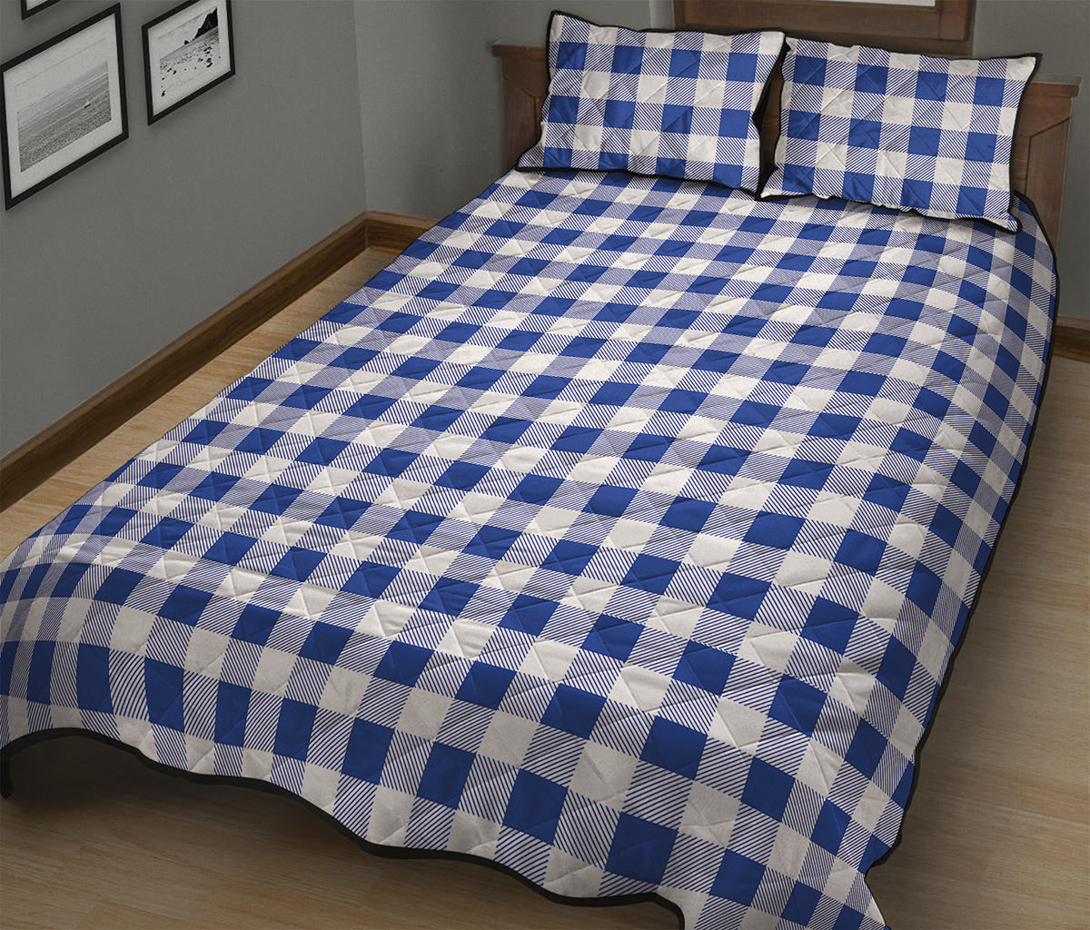 Blue And White Buffalo Check Print Quilt Bed Set