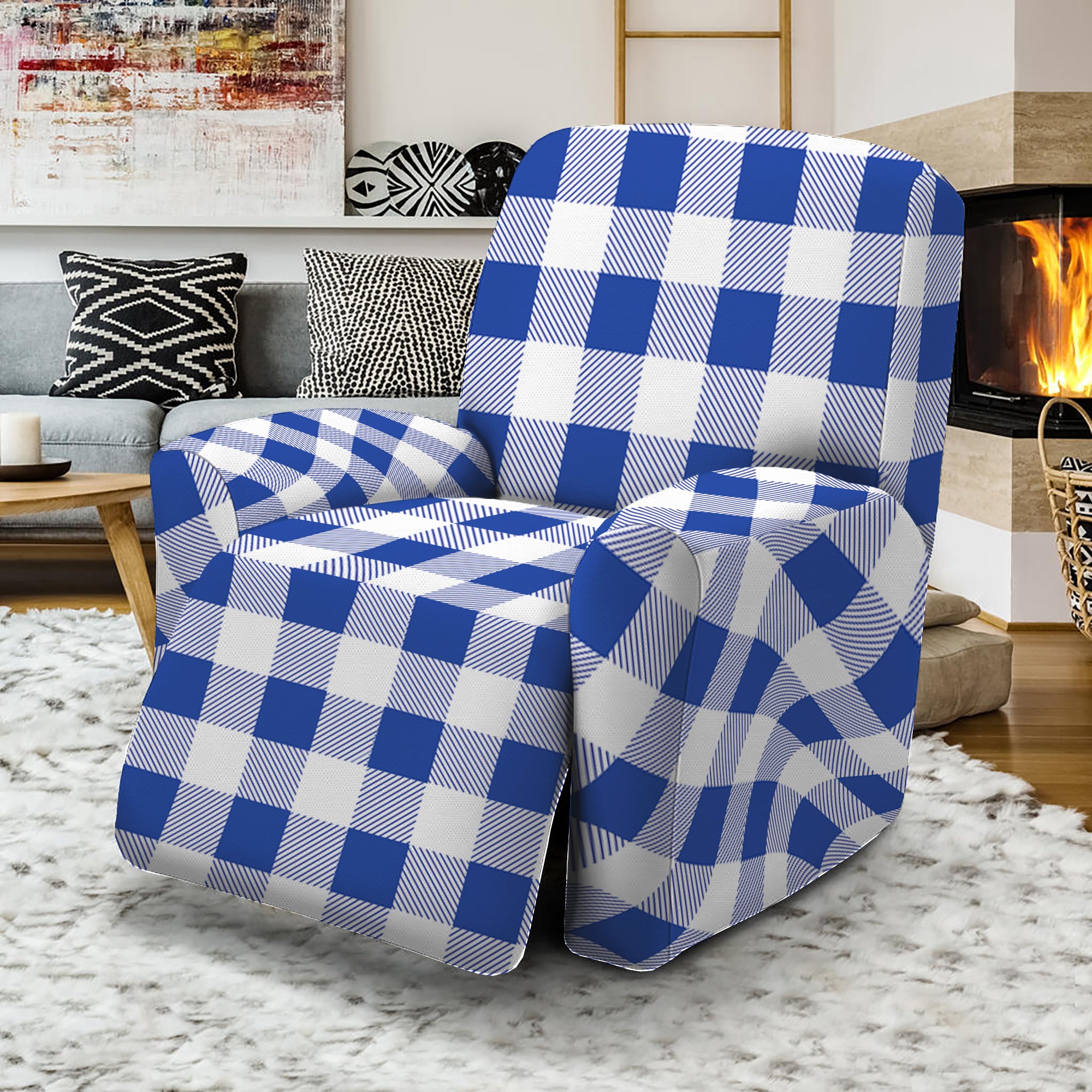 Blue And White Buffalo Check Print Recliner Slipcover