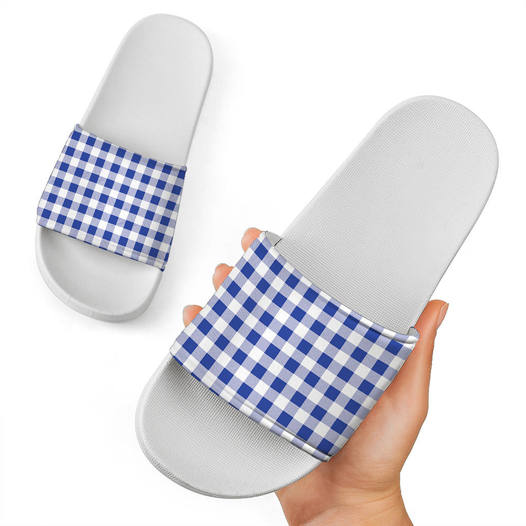 Blue And White Buffalo Check Print White Slide Sandals