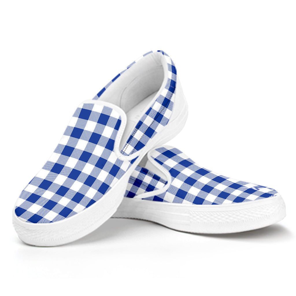 Blue And White Buffalo Check Print White Slip On Shoes