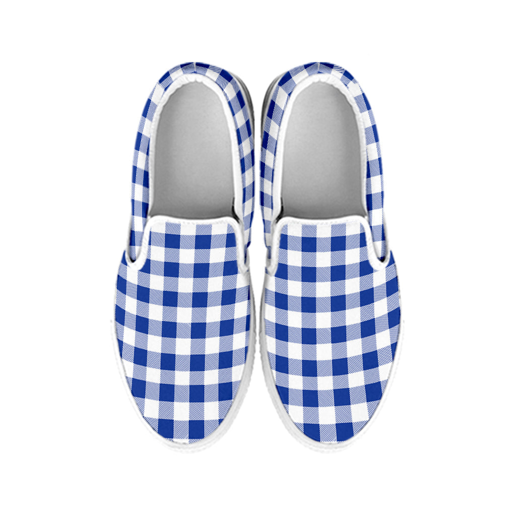 Blue And White Buffalo Check Print White Slip On Shoes