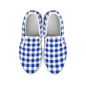 Blue And White Buffalo Check Print White Slip On Shoes