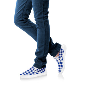 Blue And White Buffalo Check Print White Slip On Shoes